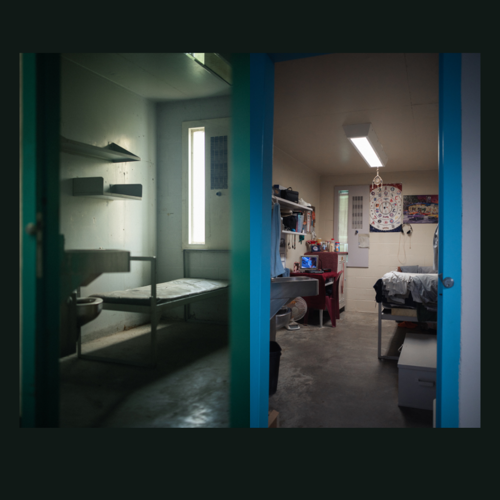The before and after of the Dynamo program at the NECC. Converted from a two bed prison cell to a one bed prison cell,